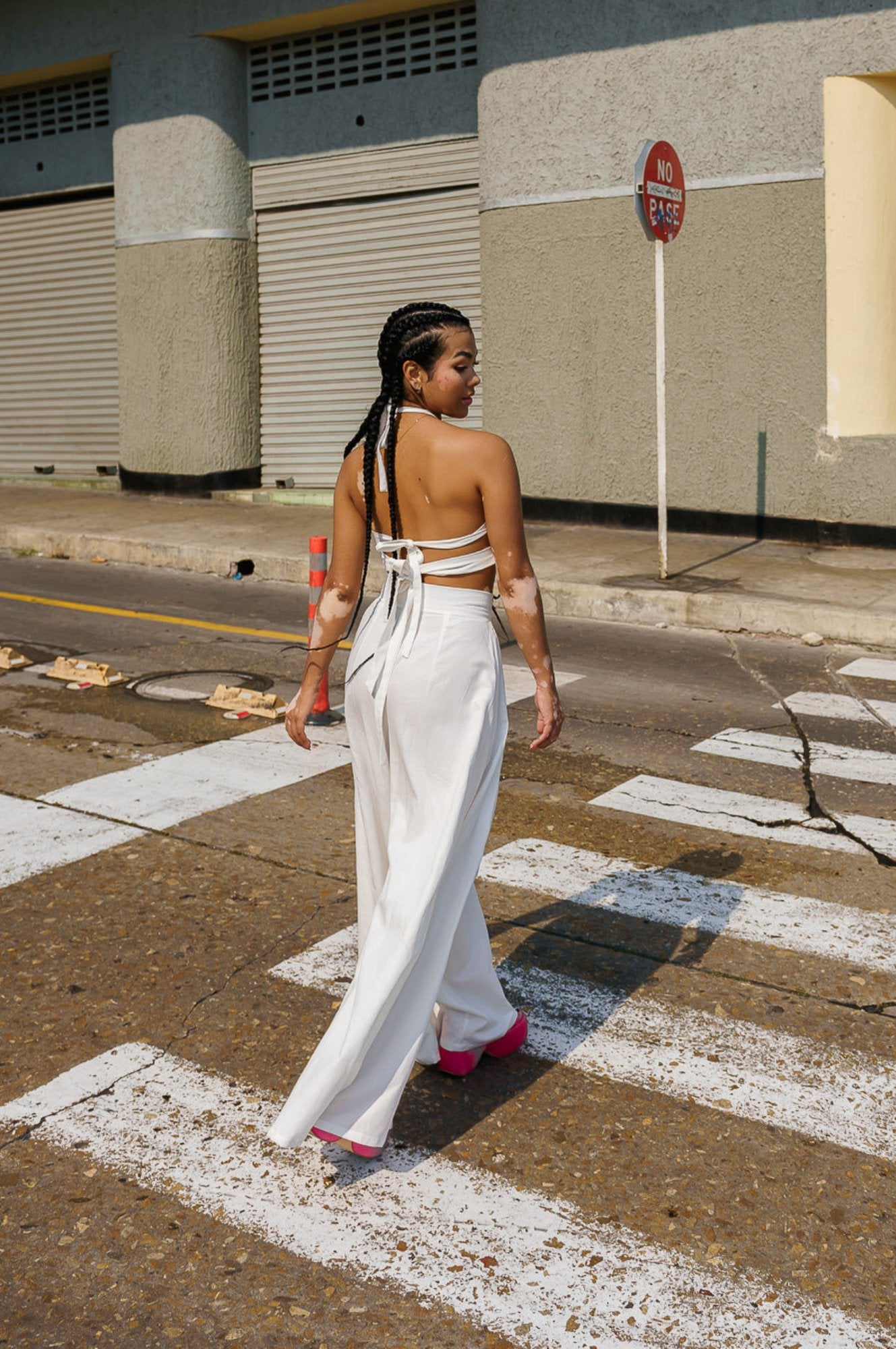 Pantalón wide leg tiro alto en lino blanco - Greta