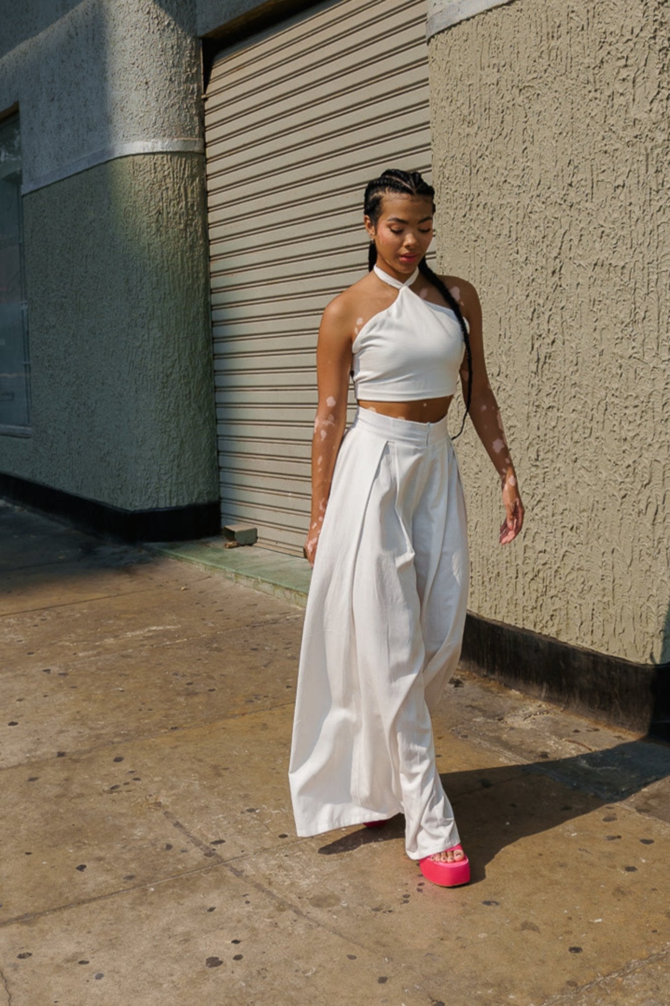 Pantalón wide leg tiro alto en lino blanco - Greta