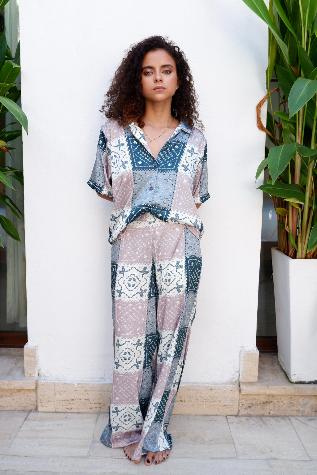 Conjunto set camisa y pantalón en seda de mujer - Vela
