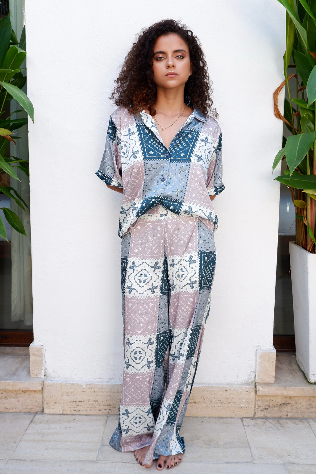Pantalón wide leg tiro alto en seda de mujer - Vela