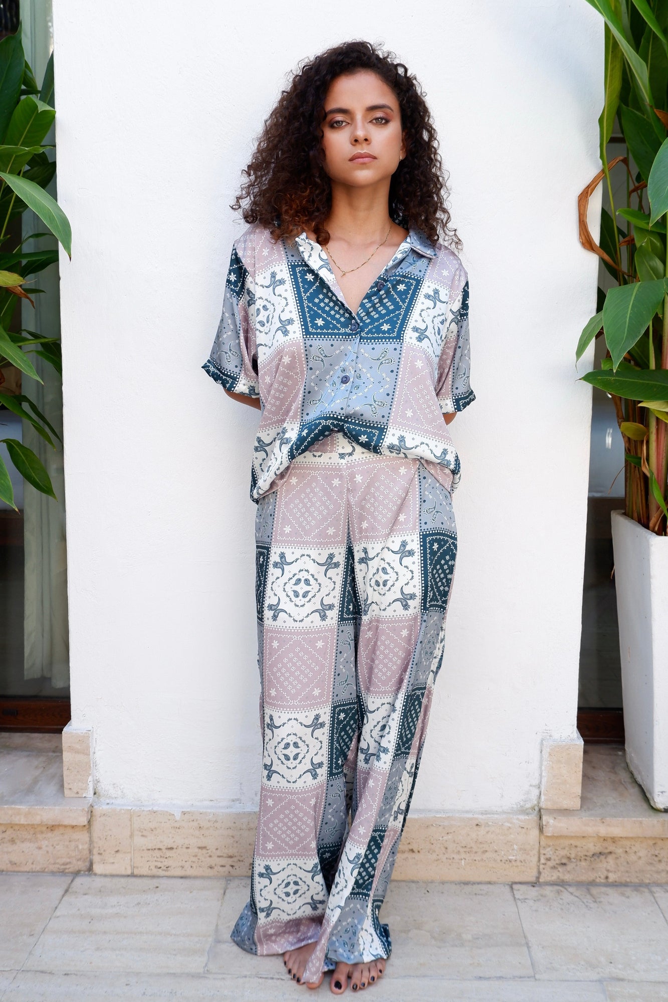 Pantalón wide leg tiro alto en seda de mujer - Vela