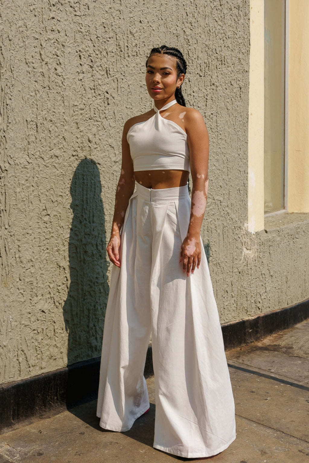 Pantalón wide leg tiro alto en lino blanco - Greta
