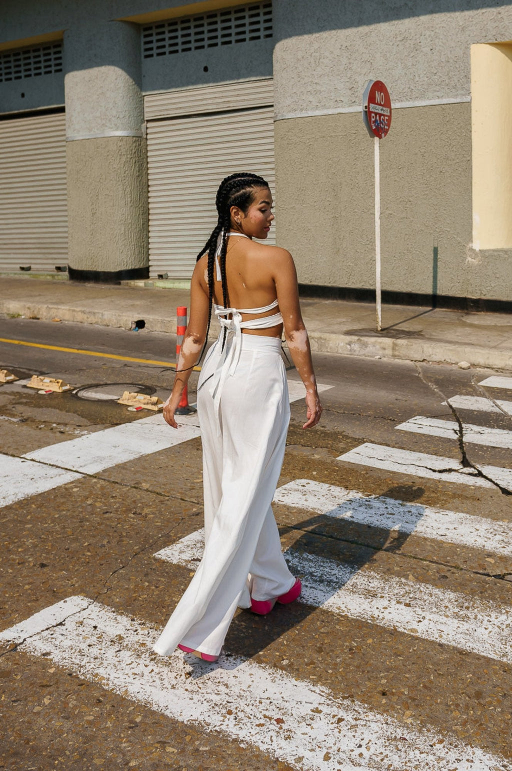 Pantalón wide leg tiro alto en lino blanco - Greta