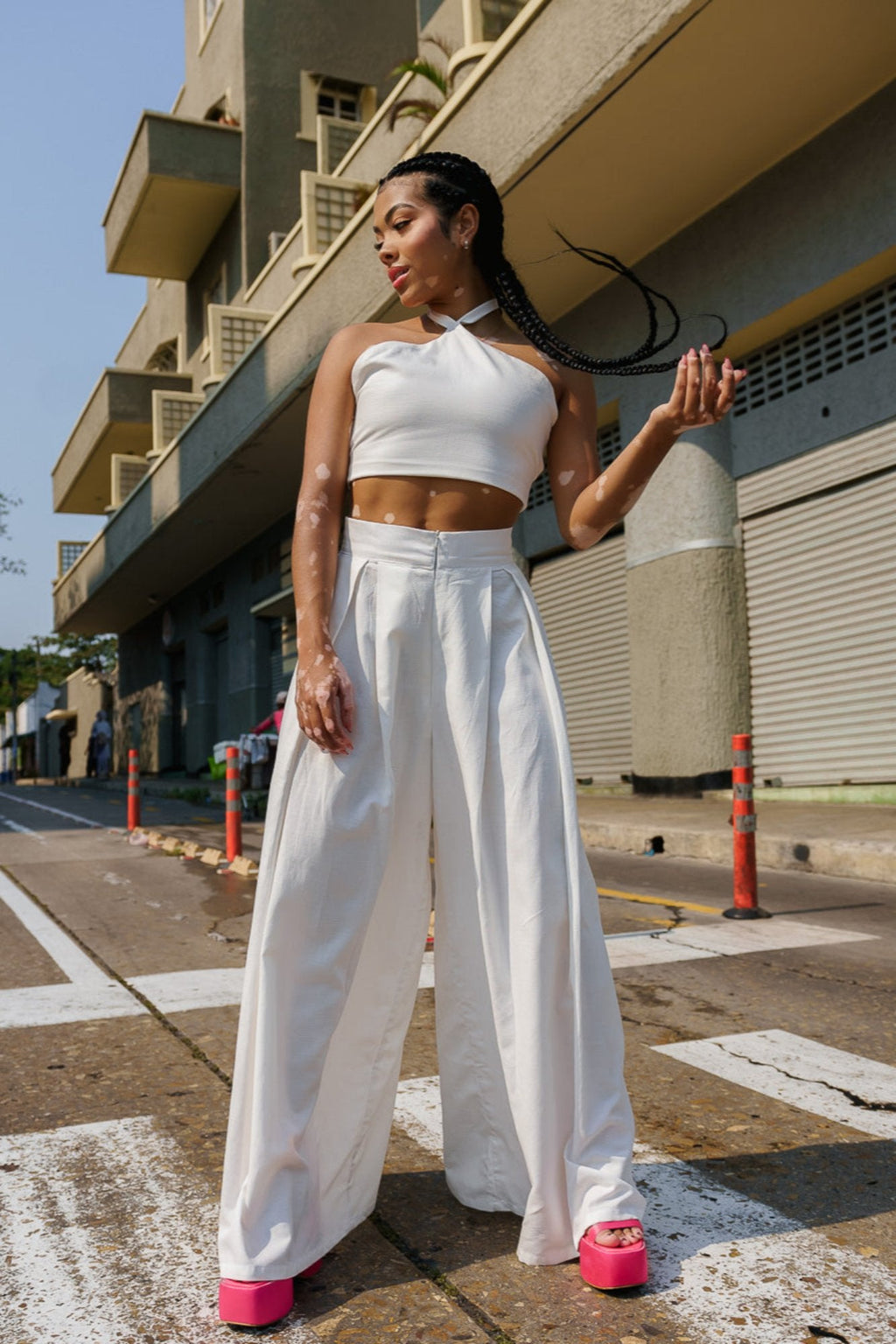 Pantalón wide leg tiro alto en lino blanco - Greta