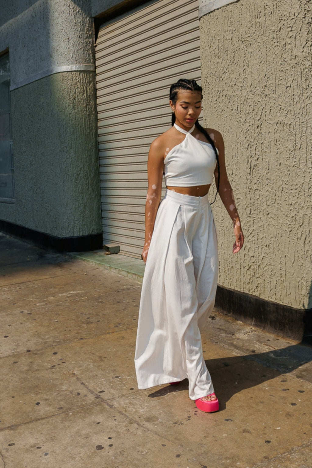 Pantalón wide leg tiro alto en lino blanco - Greta