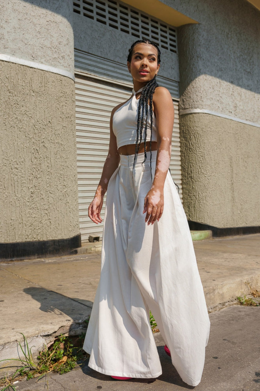 Pantalón wide leg tiro alto en lino blanco - Greta