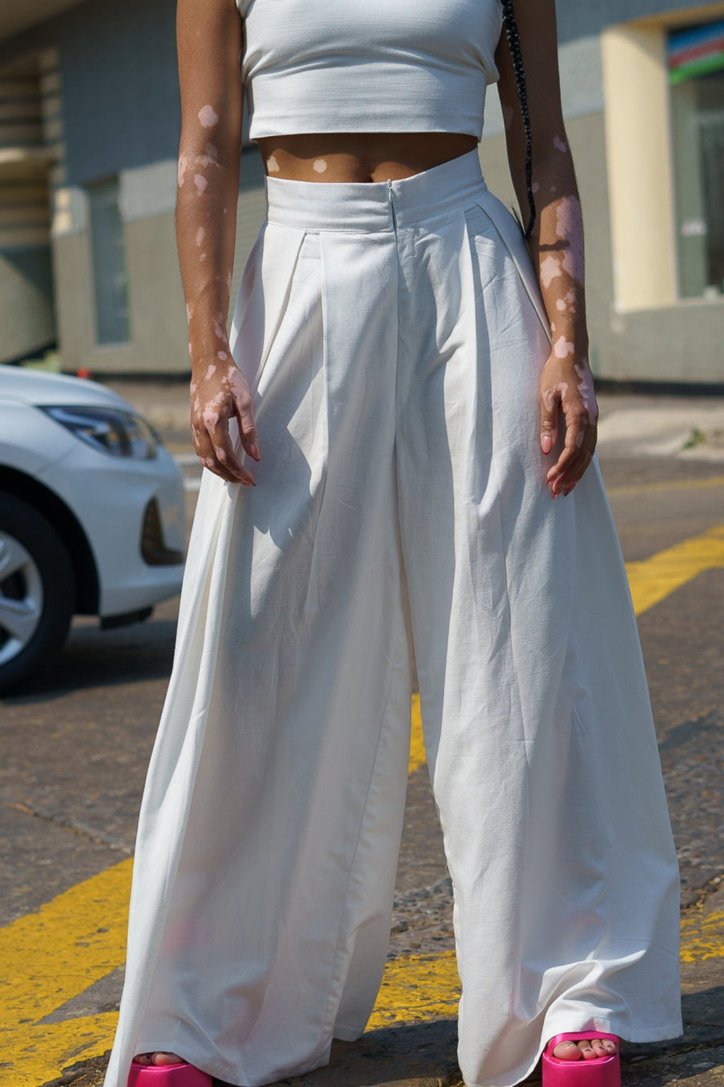 Pantalón wide leg tiro alto en lino blanco - Greta