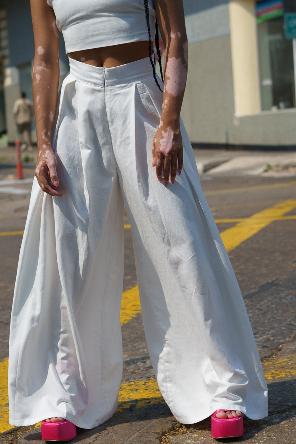Pantalón wide leg tiro alto en lino blanco - Greta