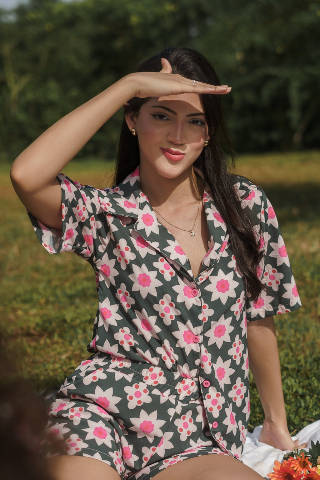 Conjunto set camisa y short en seda mango - Flora